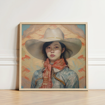 Framed Painting Woman Wide-brimmed White Hat Patterned Scarf Gaysian Lesbian Cowgirl, Elegant Outlaw Reminding, Spirit’s Queer