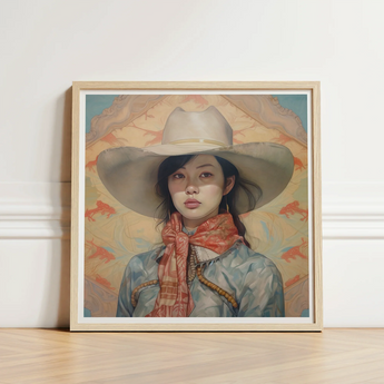 Framed Painting Woman Wide-brimmed White Hat Patterned Scarf Gaysian Lesbian Cowgirl, Elegant Outlaw Reminding, Spirit’s Queer