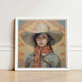 Framed Artwork Woman Wide-brimmed White Hat Blue Jacket Gaysian Lesbian Cowgirl, Elegant Outlaw Reminding, Spirit’s Queer