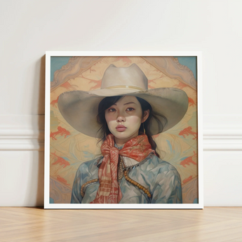 Framed Artwork Woman Wide-brimmed White Hat Patterned Scarf Gaysian Lesbian Cowgirl, Elegant Outlaw Reminding, Spirit’s Queer