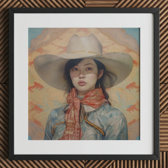 Dai Lu - Gaysian Lesbian Cowgirl Art Print / Canvas Cowboy Hat Wide Brim Orange Scarf Light Blue Gaysian Lesbian Cowgirl, Elegant Outlaw
