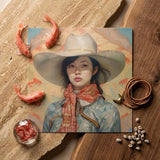 Dai Lu - Gaysian Lesbian Cowgirl Art Print / Canvas Square Painting Woman Wide-brimmed White Hat Orange, Elegant Outlaw Reminding, Spirit’s