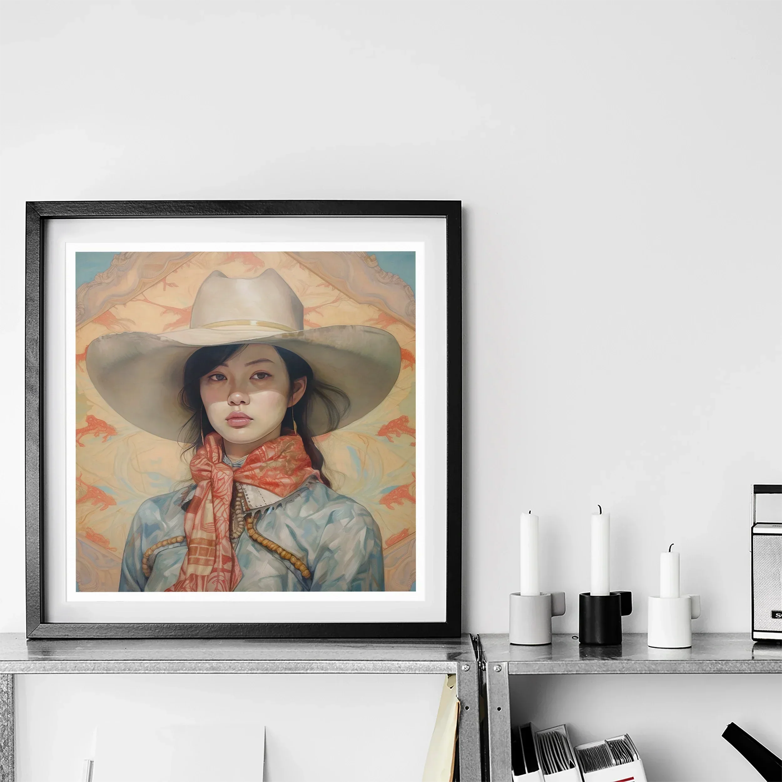Dai Lu - Gaysian Lesbian Cowgirl Art Print, Framed Artwork Cowgirl Wide-brimmed Hat Orange Bandana