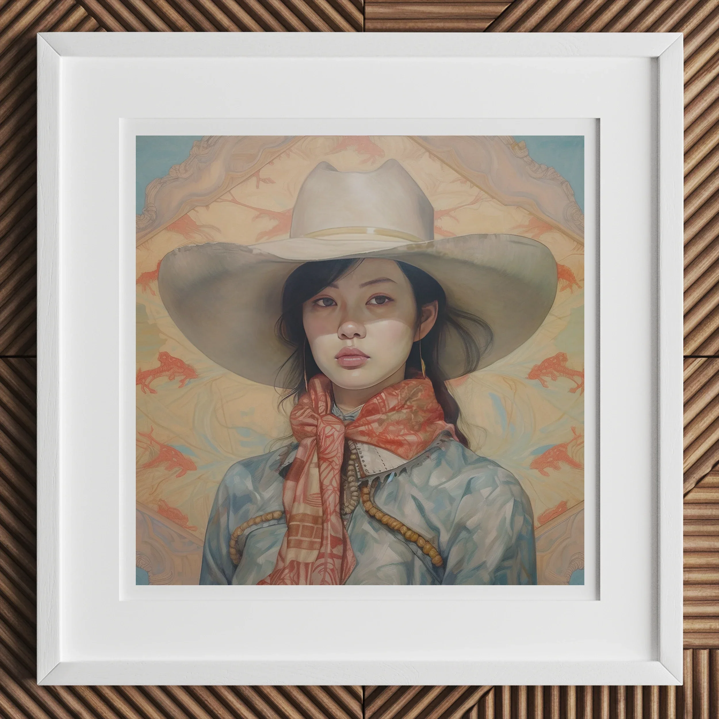 Dai Lu - Gaysian Lesbian Cowgirl Art Print, Framed Portrait Painting White Cowboy Hat Blue Shirt