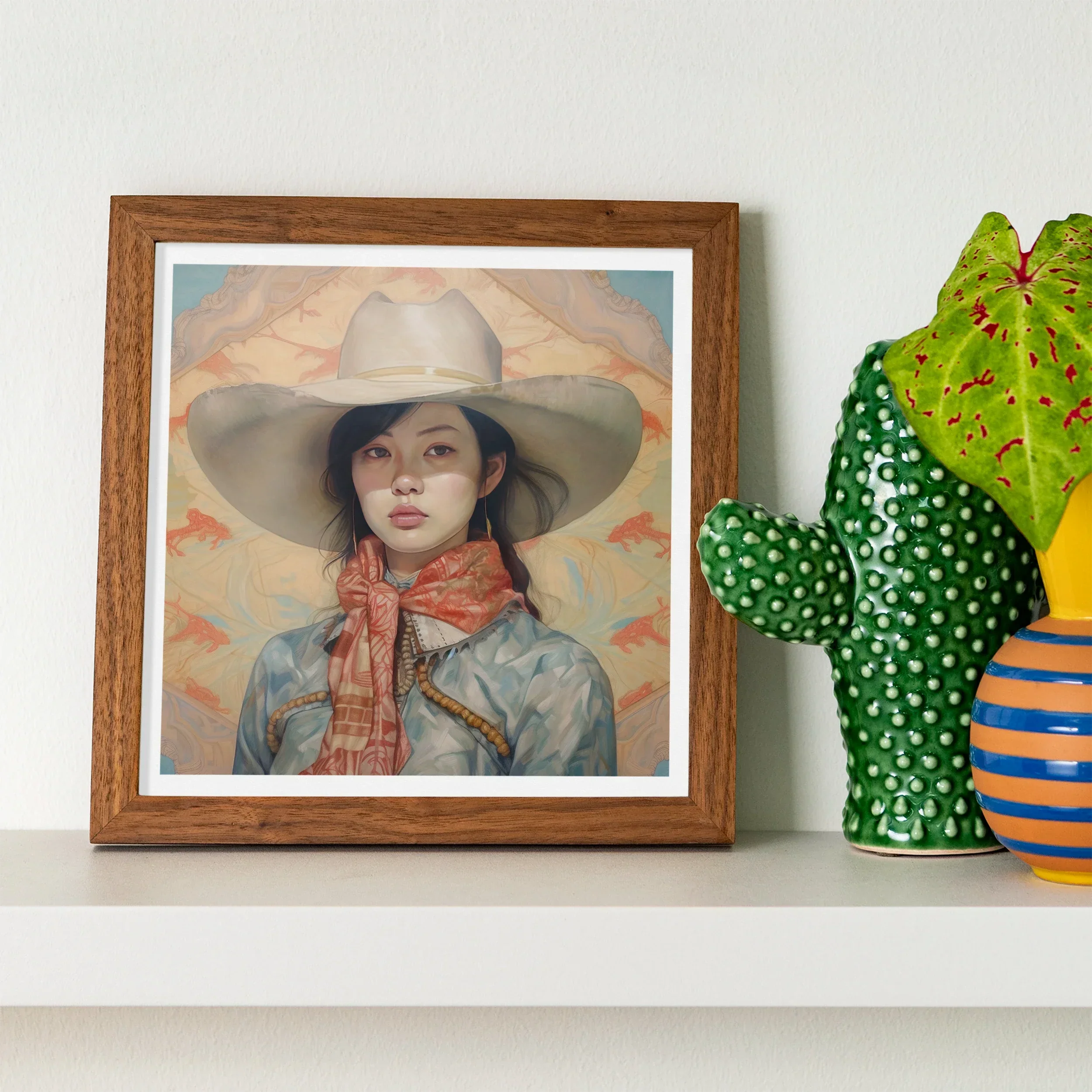 Dai Lu Gaysian Lesbian Cowgirl Art Print, Framed Portrait Photograph Wide Brimmed Hat Patterned Scarf