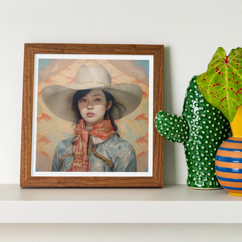 Dai Lu - Gaysian Lesbian Cowgirl Art Print, Framed Portrait Photograph Wide-brimmed Hat Patterned Scarf