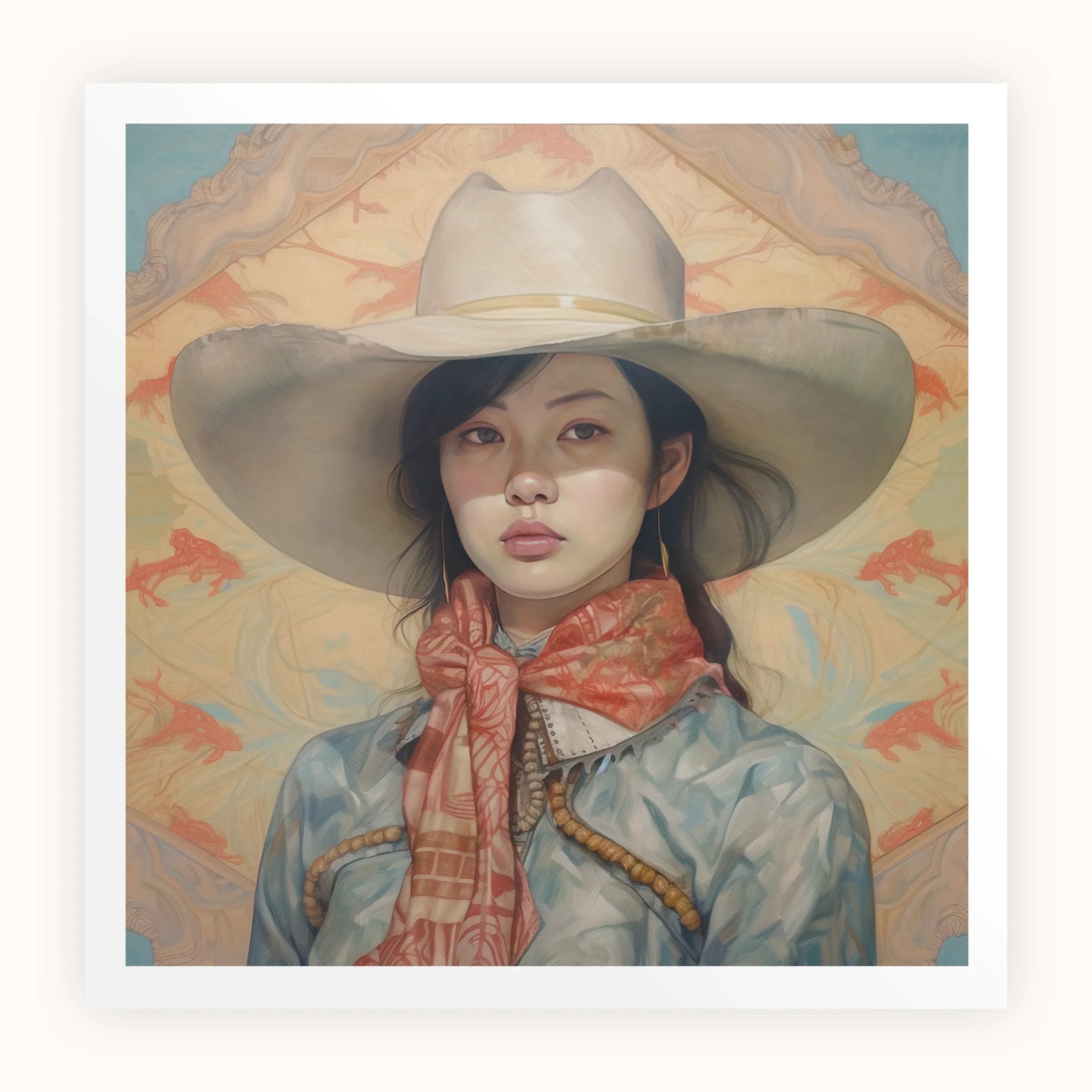 Dai Lu Gaysian Lesbian Cowgirl Art Print, Portrait Painting Cowboy Hat Denim Jacket Patterned Bandana