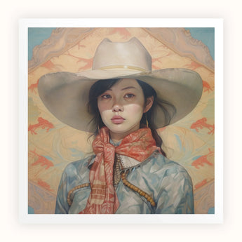 Dai Lu - Gaysian Lesbian Cowgirl Art Print, Portrait Painting Cowboy Hat Denim Jacket Patterned Bandana