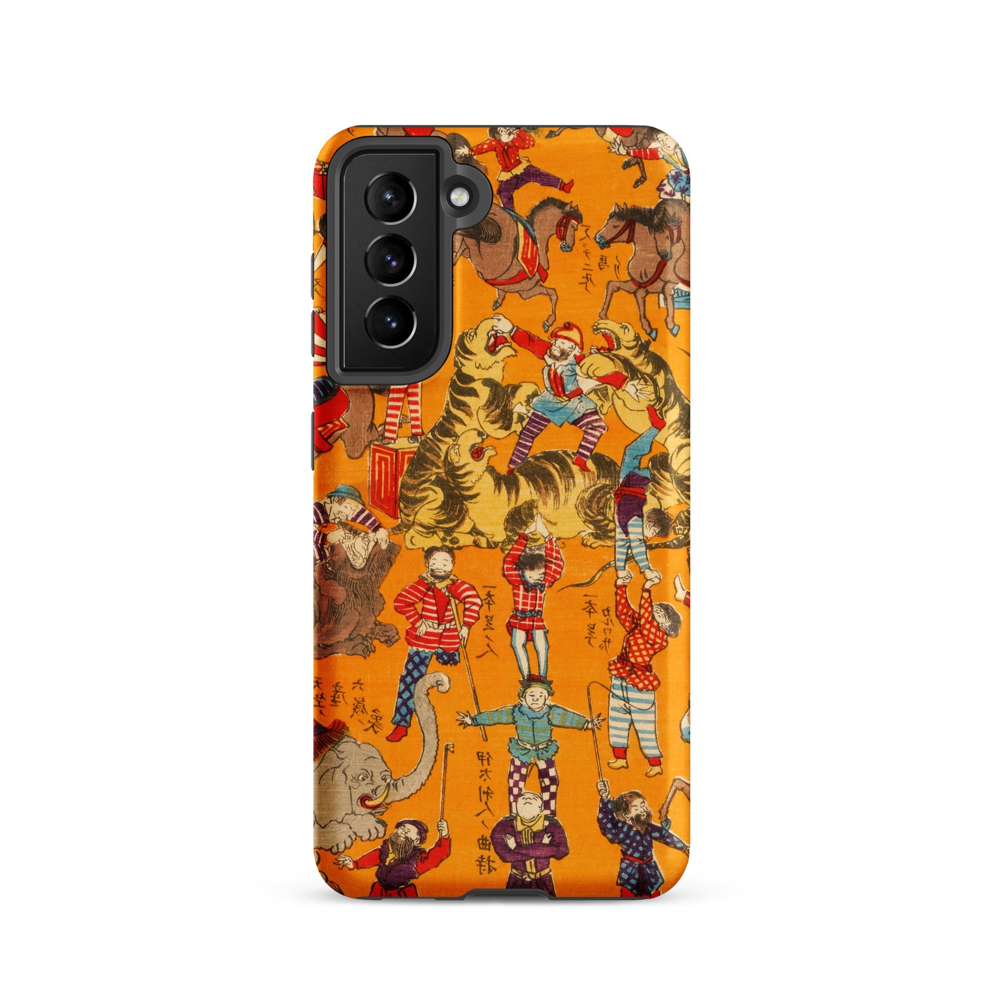 Daikyokubam Japanese Circus Art Samsung Case, Galaxy S21 / Matte, Smartphone Case Vibrant Orange Background Dynamic Multi Figure