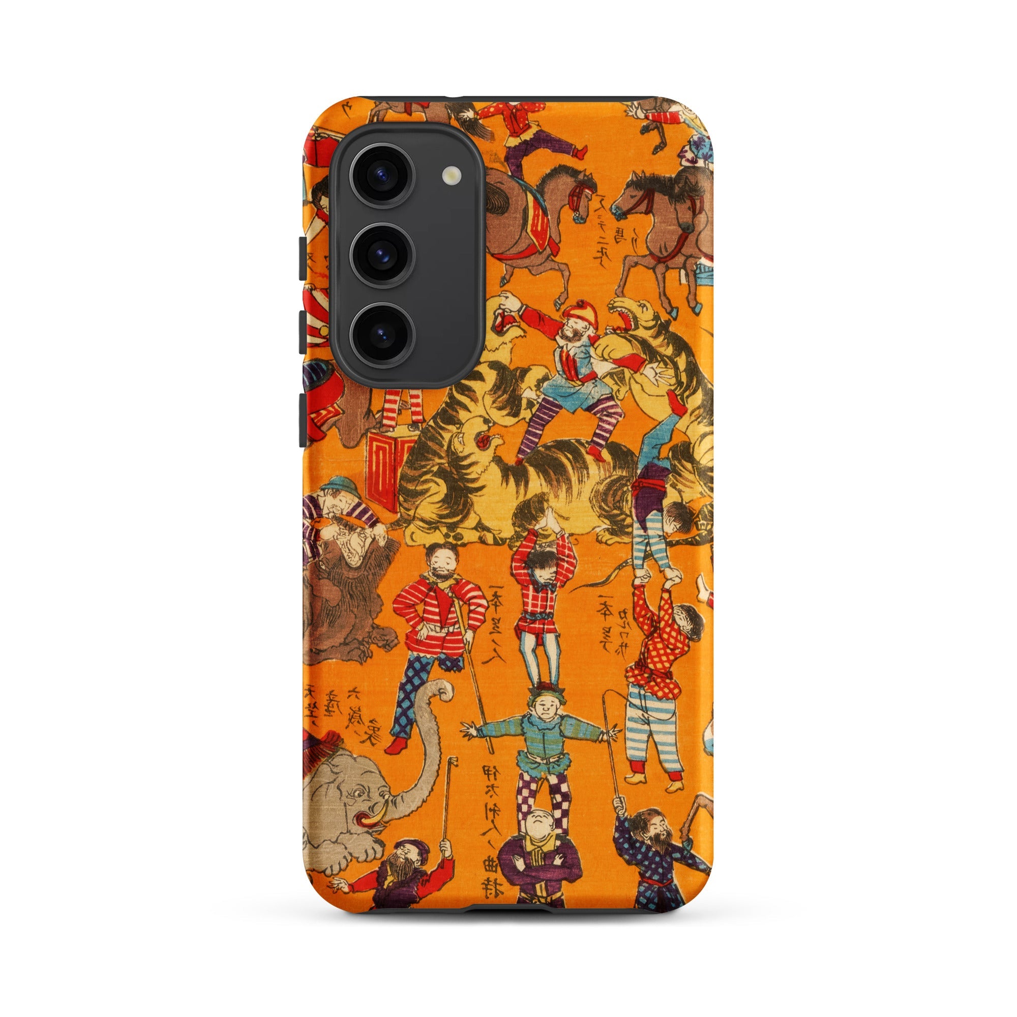 Daikyokubam Japanese Circus Art Samsung Case, Galaxy S23 Plus / Matte, Smartphone Case Vibrant Orange Background Lively Intricate Print