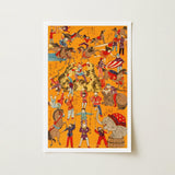 Daikyokubam Japanese Circus - Meiji Era Art Print / Canvas Vibrant Orange Poster Lively Scene Performers Animals Woodcut, Meiji-era Japan,