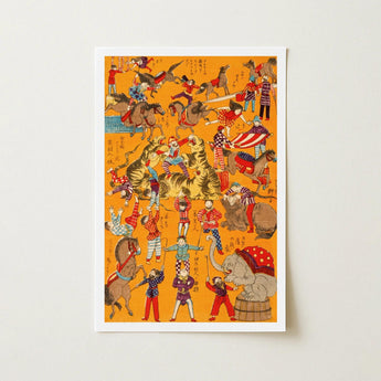 Daikyokubam Japanese Circus - Meiji Era Art Print / Canvas Vibrant Orange Poster Lively Scene Performers Animals Woodcut, Meiji-era Japan,