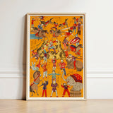 Daikyokubam Japanese Circus - Meiji Era Art Print / Canvas Vibrant Orange-framed Lively Scene Performers Animals Woodcut, Meiji-era Japan,