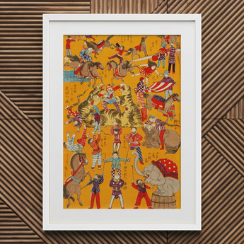Daikyokubam Japanese Circus - Meiji Era Art Print / Canvas Vibrant Framed Illustration Lively Circus Scene Performers Animals Daikyokubam