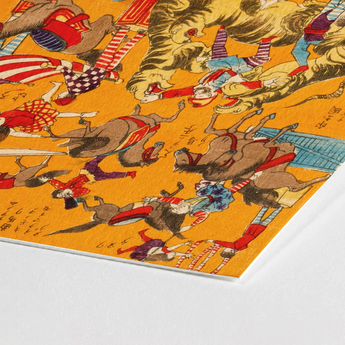 Daikyokubam Japanese Circus - Meiji Era Art Print / Canvas Vibrant Orange Dynamic Battle Scene Riders Horses Woodcut, Meiji-era Japan,
