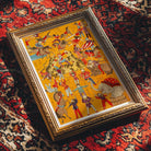 Daikyokubam Japanese Circus Meiji Era Art Print, Ornate Gold Framed Painting Colorful Medieval Style Figures Yellow Background
