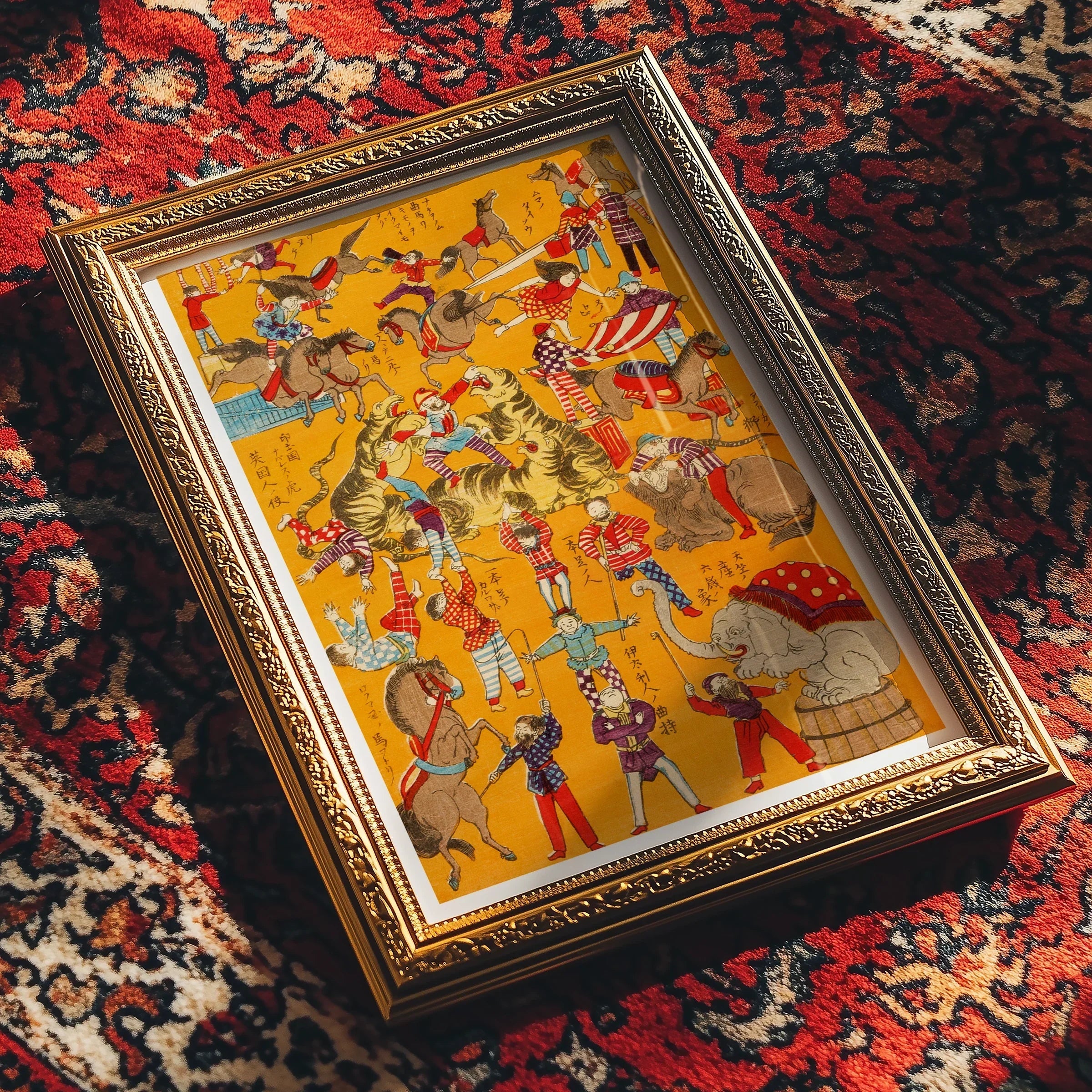 Daikyokubam Japanese Circus Meiji Era Art Print, Ornate Gold Framed Painting Colorful Medieval Style Figures Yellow Background