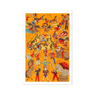 Daikyokubam Japanese Circus Meiji Era Art Print, Vintage Circus Themed Illustration Acrobats Performers Animals Orange Background
