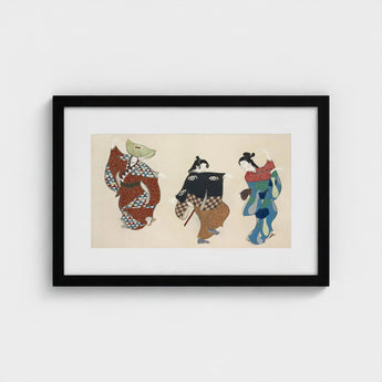 Dancers from Momoyogusa - Kamisaka Sekka Art Print / Canvas Black-framed Artwork Three Stylized Figures Traditional Japanese Attire