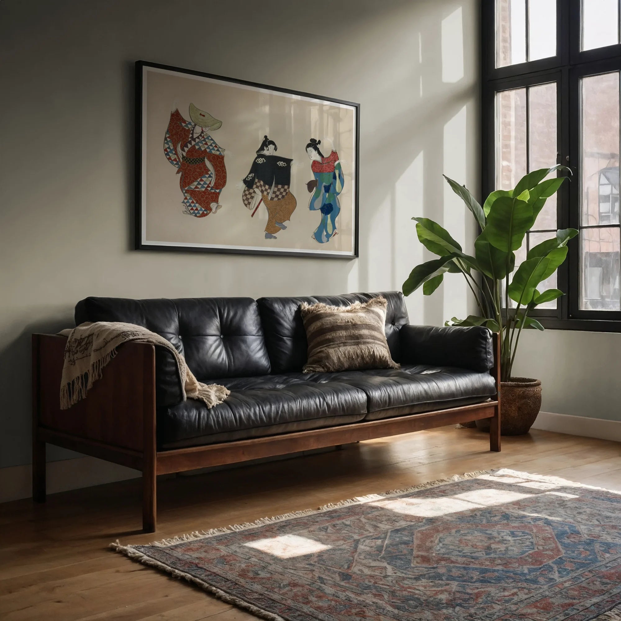Dancers from Momoyogusa - Kamisaka Sekka Art Print, Black Leather Wood-framed Sofa Tufted