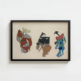 Black-framed Artwork Three Stylized Japanese Figures Traditional Attire Kamisaka Sekka’s Dancers, Momoyogusa Woodblock Print, Sekka Art