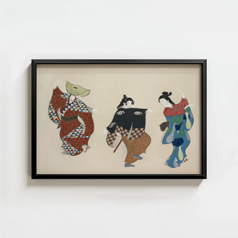 Black-framed Artwork Three Stylized Japanese Figures Traditional Attire Kamisaka Sekka’s Dancers, Momoyogusa Woodblock Print, Sekka Art