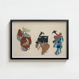 Black-framed Artwork Three Traditional Japanese Figures Colorful Patterned Kamisaka Sekka’s Dancers, Momoyogusa Woodblock Print, Sekka Art