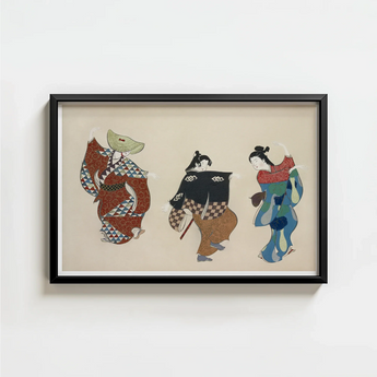 Black-framed Artwork Three Traditional Japanese Figures Colorful Patterned Kamisaka Sekka’s Dancers, Momoyogusa Woodblock Print, Sekka Art