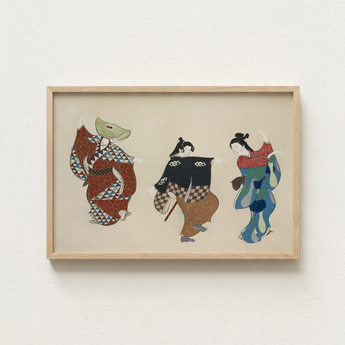 Framed Artwork Three Stylized Japanese Women Traditional Attire Kamisaka Sekka’s Dancers, Momoyogusa Woodblock Print, Sekka Art
