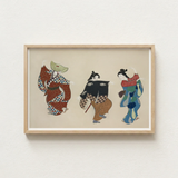 Framed Artwork Three Stylized Figures Traditional Japanese Attire Kamisaka Sekka’s Dancers, Momoyogusa Woodblock Print, Sekka Art