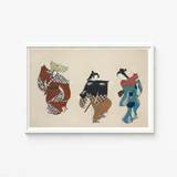 Framed Artwork Three Traditional Japanese Figures Colorful Patterned Kamisaka Sekka’s Dancers, Momoyogusa Woodblock Print, Sekka Art