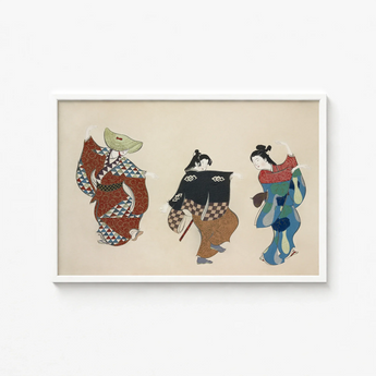 Framed Artwork Three Traditional Japanese Figures Colorful Patterned Kamisaka Sekka’s Dancers, Momoyogusa Woodblock Print, Sekka Art