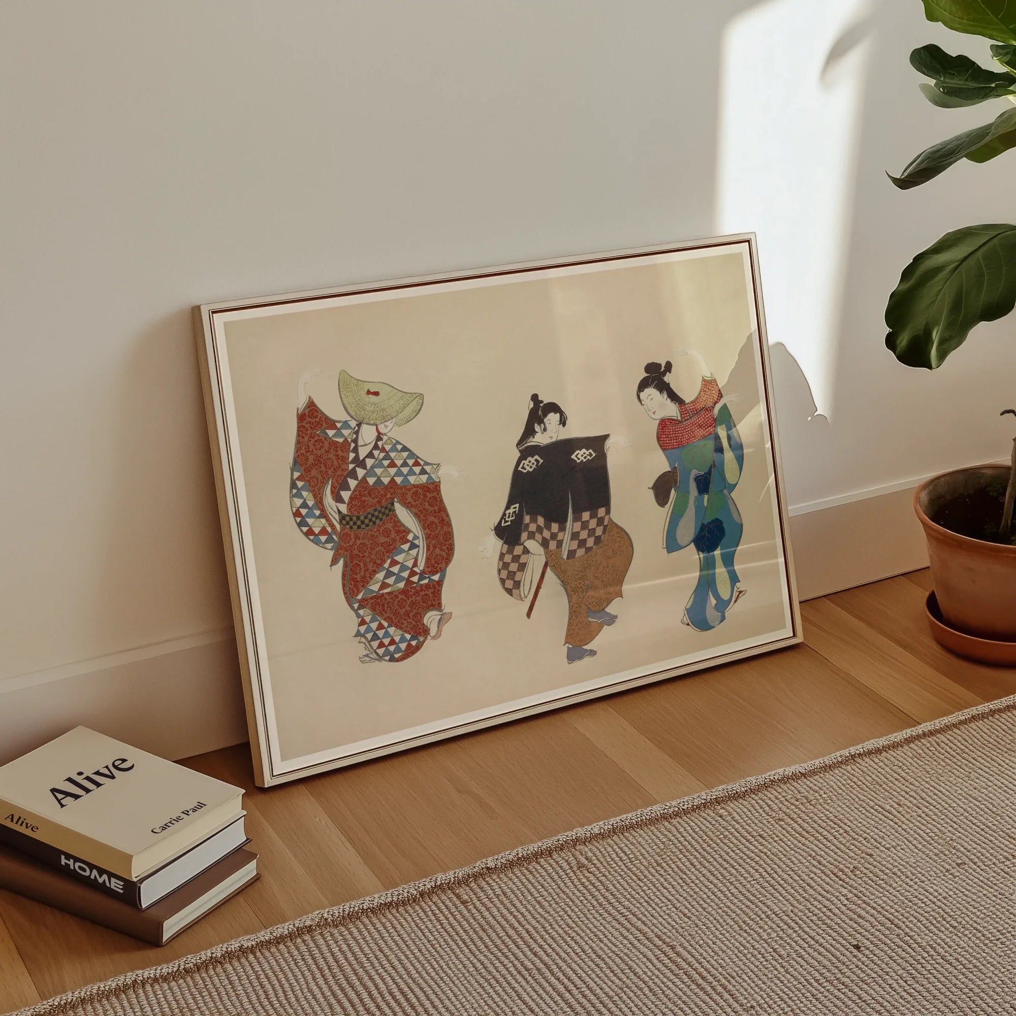 Dancers from Momoyogusa - Kamisaka Sekka Art Print, Framed Artwork Three Animal Figures Patterned Clothing