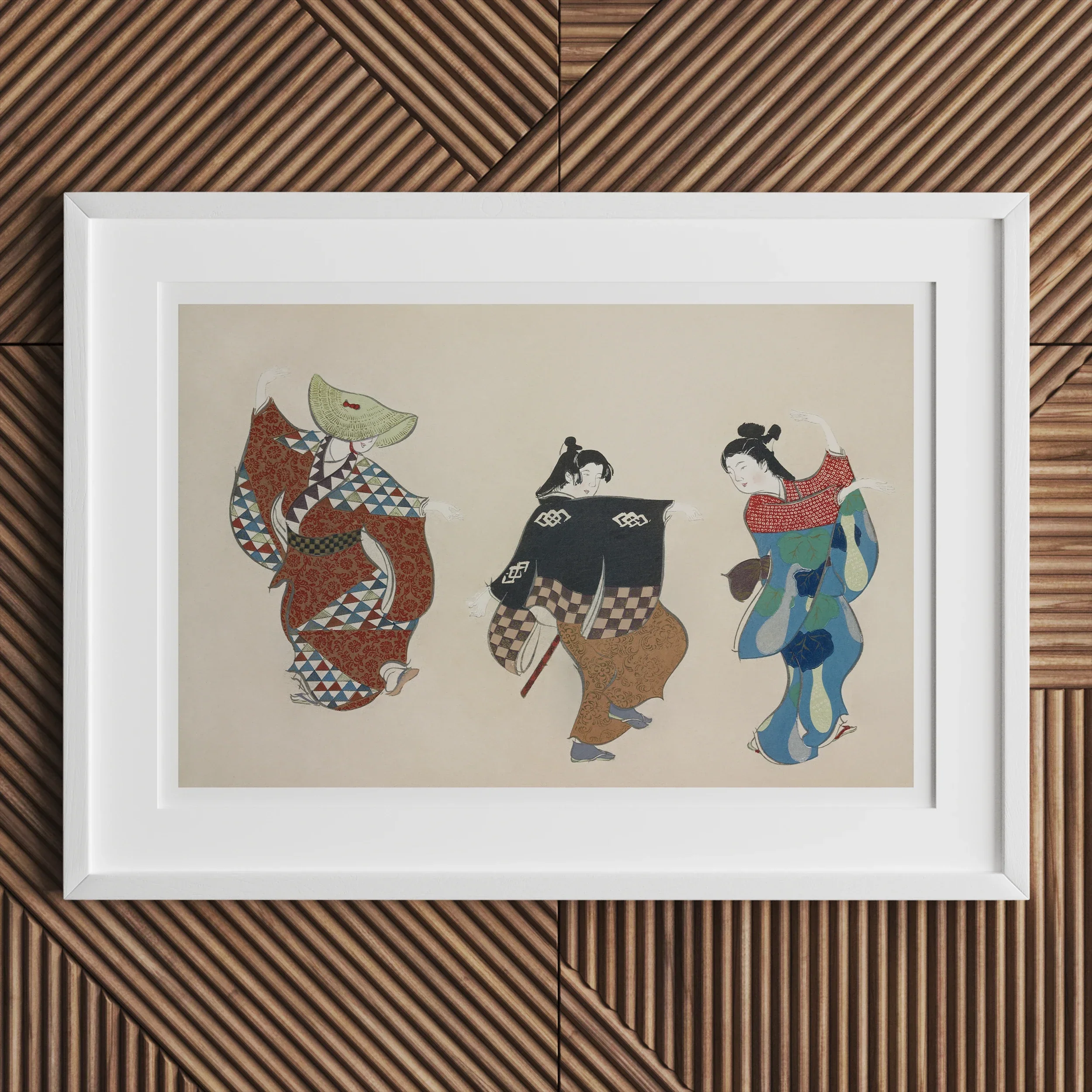 Dancers from Momoyogusa - Kamisaka Sekka Art Print, Framed Artwork Three Traditional Japanese Figures Colorful Kimonos