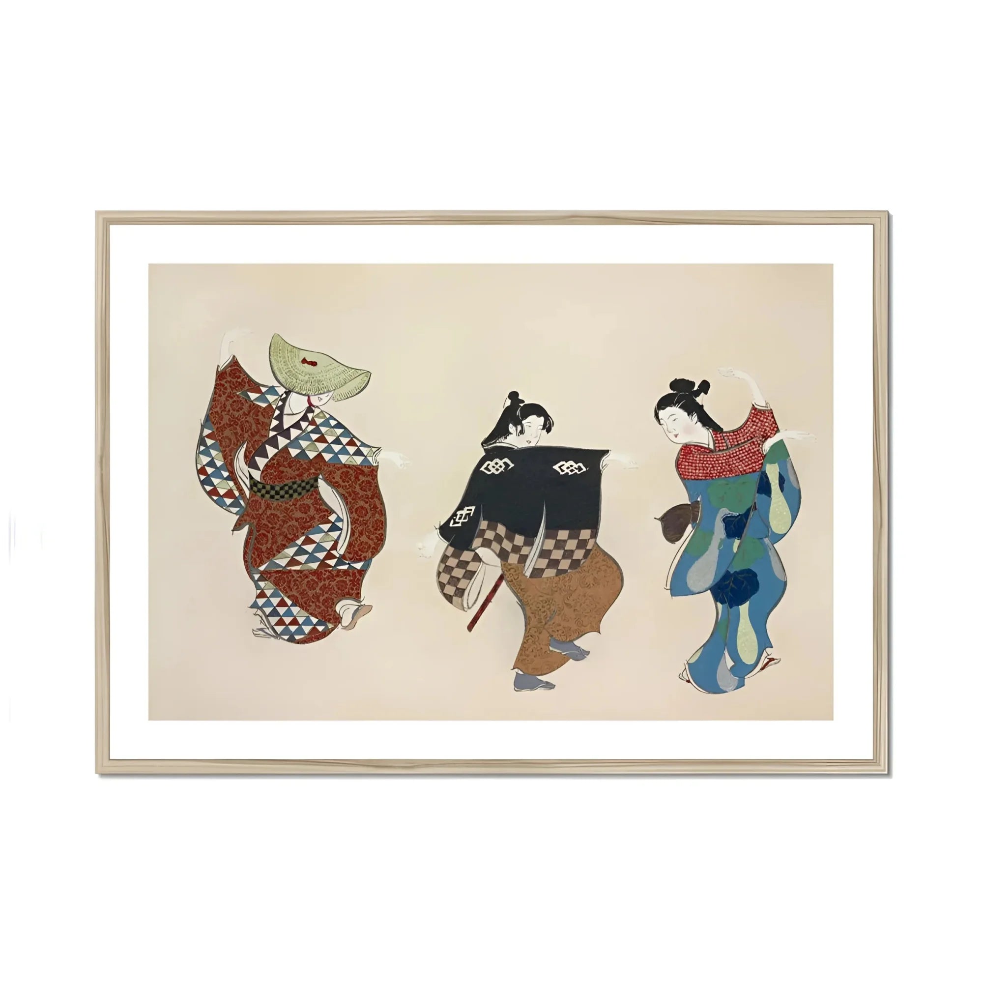 Dancers from Momoyogusa - Kamisaka Sekka Art Print, Traditional Japanese Woodblock Print Three Figures Colorful Kimonos