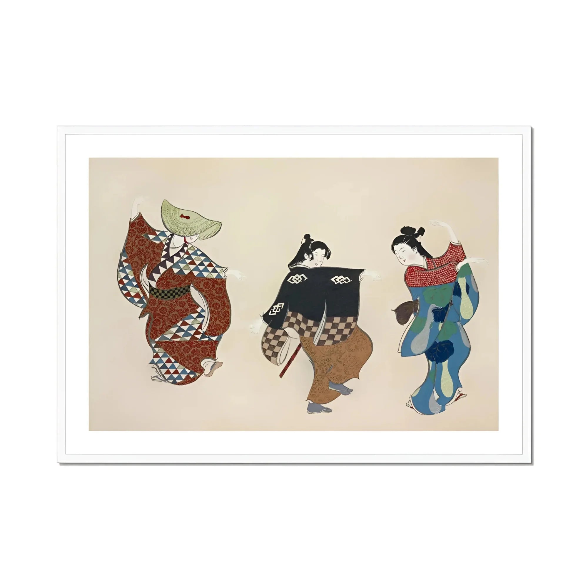 Dancers from Momoyogusa - Kamisaka Sekka Art Print, Traditional Japanese Woodblock Print Three Figures Colorful Kimonos