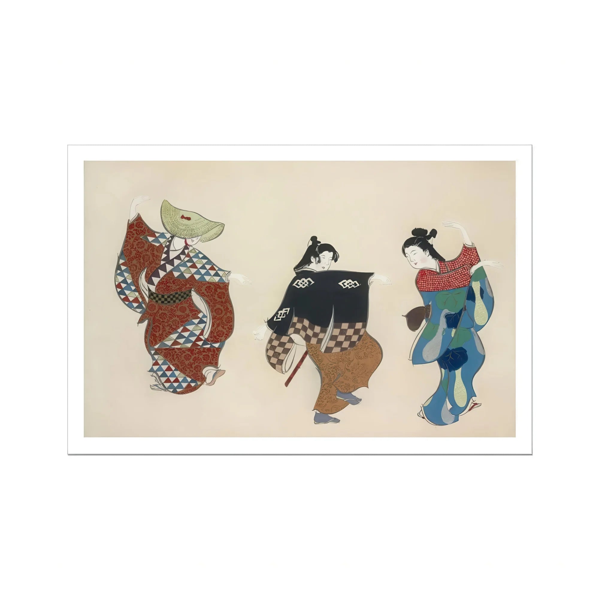 Dancers from Momoyogusa - Kamisaka Sekka Art Print, Traditional Japanese Woodblock Print Three Figures Colorful Kimonos