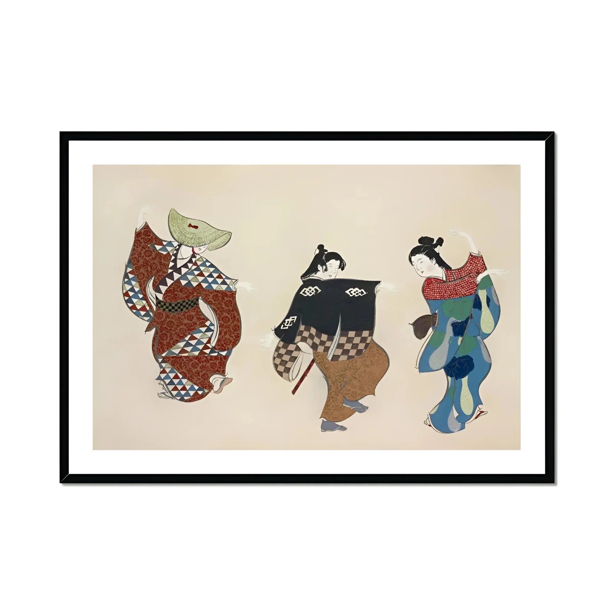 Dancers from Momoyogusa - Kamisaka Sekka Art Print, Traditional Japanese Woodblock Print Three Stylized Figures Colorful
