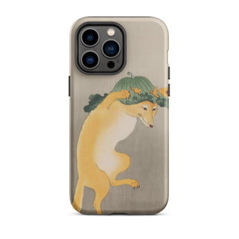 Dancing Fox with Lotus Leaf Hat - Ohara Koson Iphone Case, 14 Pro Max / Matte, Iphone Case Whimsical Illustration Fox Green Leafy Headdress