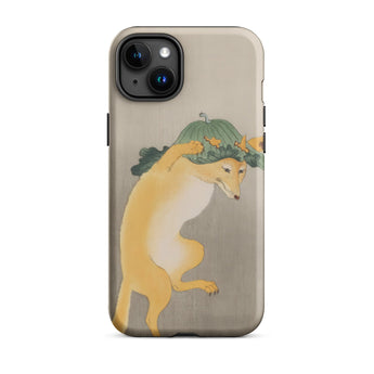 Dancing Fox with Lotus Leaf Hat - Ohara Koson Iphone Case, 15 Plus / Matte, Iphone Beige Case Japanese-style Illustration Fox Pumpkin Head