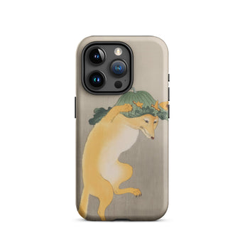 Dancing Fox with Lotus Leaf Hat - Ohara Koson Iphone Case, 15 Pro / Matte, Smartphone Case Whimsical Fox Pumpkin Design