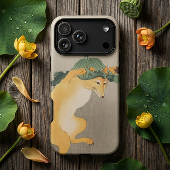 Dancing Fox with Lotus Leaf Hat - Ohara Koson Phone Case Beige Phone Case Detailed Illustration Yellow Fox Green Ohara Koson Fox, Wide