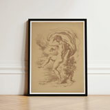 Black-framed Art Print Sepia-toned Sketch Nude Male Figure Dancing, Louis Anquetin’s, Unspooling, Single Sepia Register, Knee Cresting