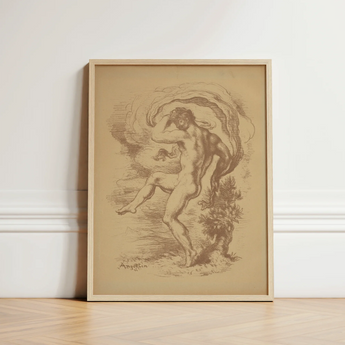 Framed Sepia-toned Sketch Nude Male Figure Dynamic Motion Dancing, Louis Anquetin’s, Unspooling, Single Sepia Register, Knee Cresting