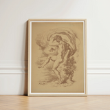 Framed Sepia-toned Sketch Nude Male Figure Dynamic Motion Dancing, Louis Anquetin’s, Unspooling, Single Sepia Register, Knee Cresting