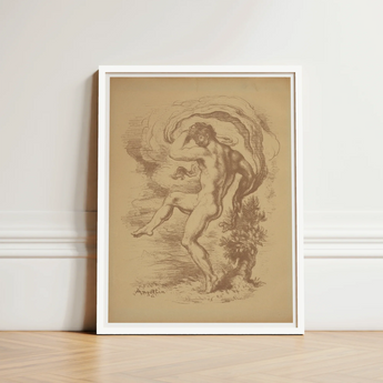 Framed Sepia-toned Sketch Nude Figure Dynamic Motion Enclosed Dancing, Louis Anquetin’s, Male Unspooling, Single Sepia Register, Knee