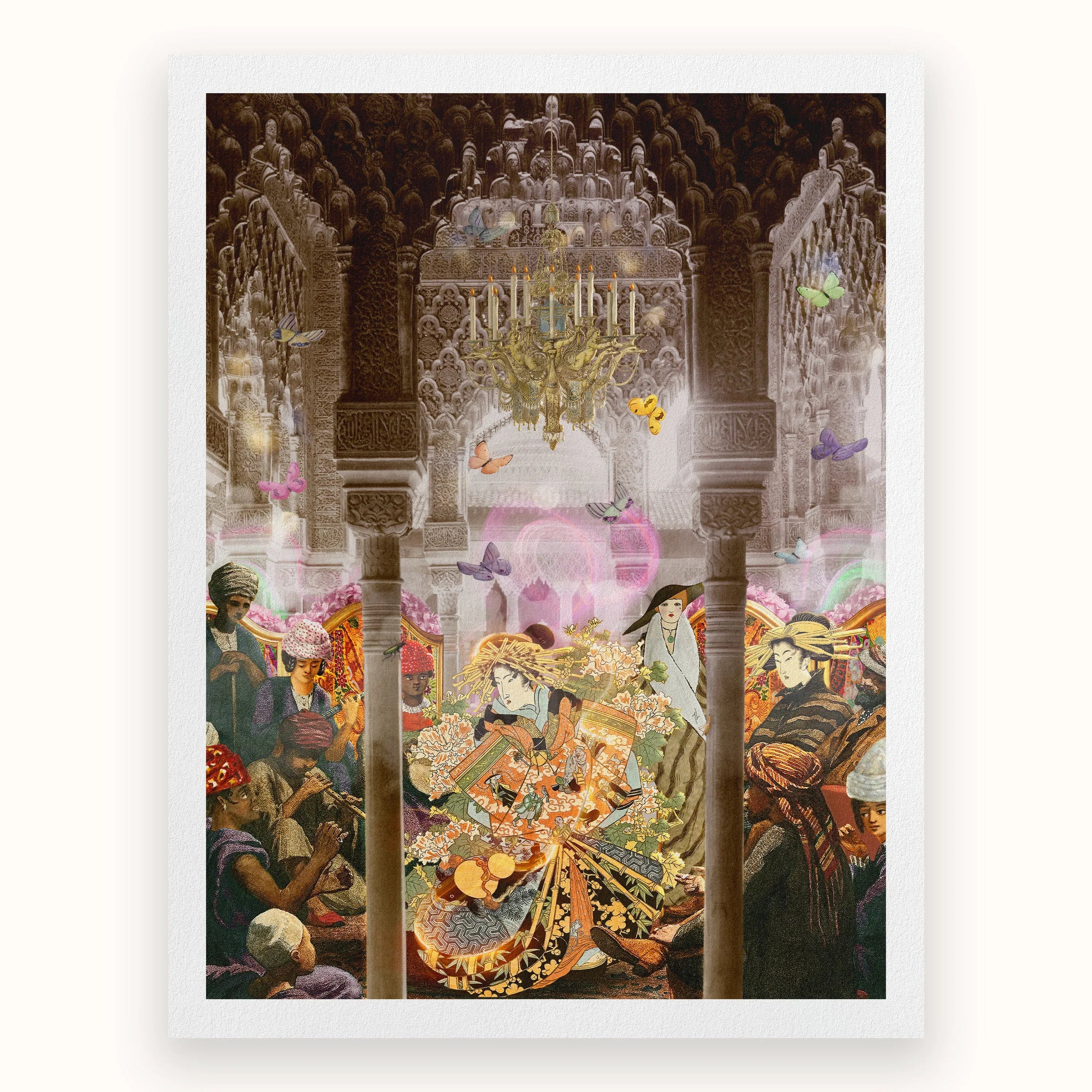 Dancing Queen Japanese Geisha Collage Art Print, Ornate Middle Eastern Moorish Style Palace Interior Elaborately Dressed