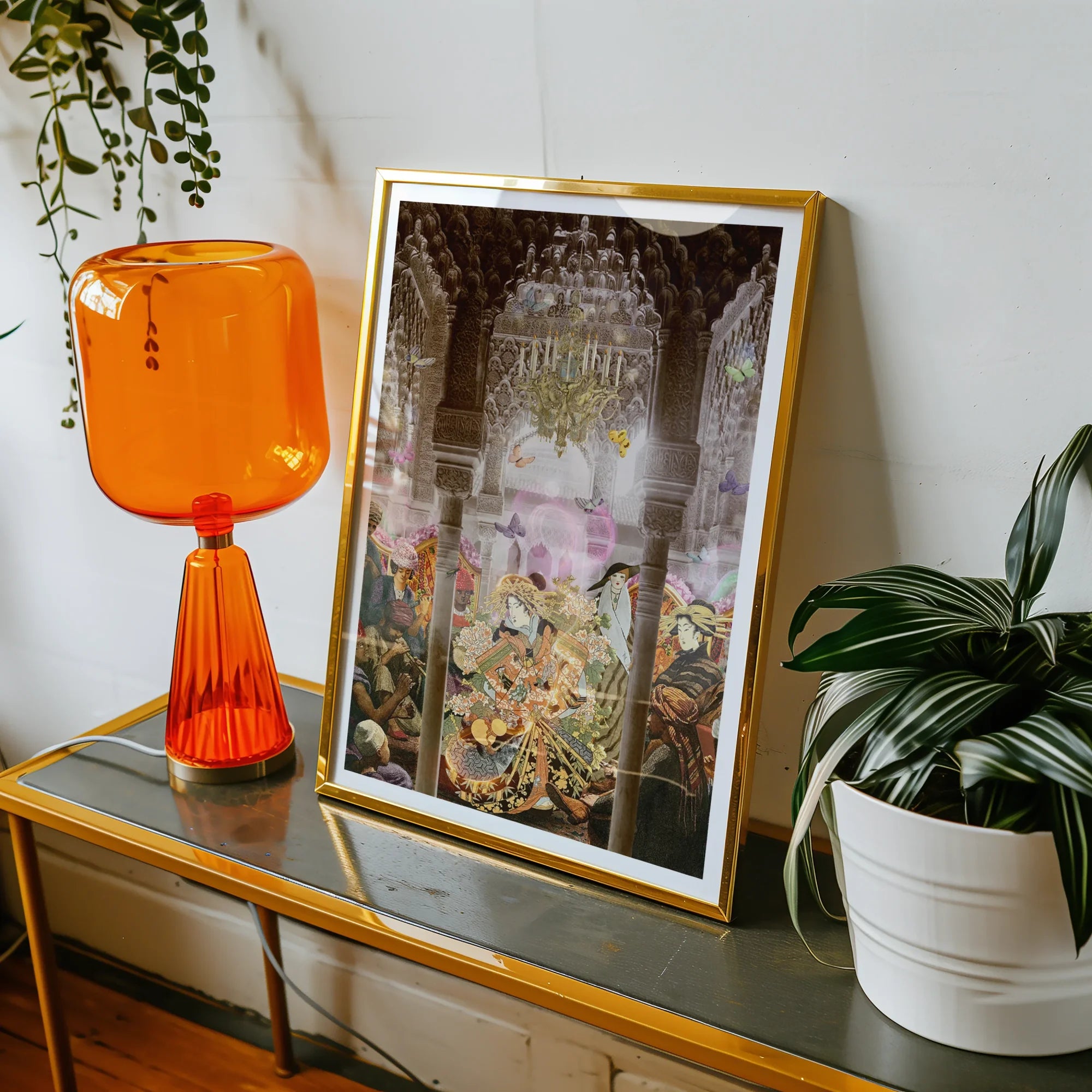 Dancing Queen - Japanese Geisha Collage Art Print, Vibrant Orange Glass Table Lamp Modern Sculptural Base