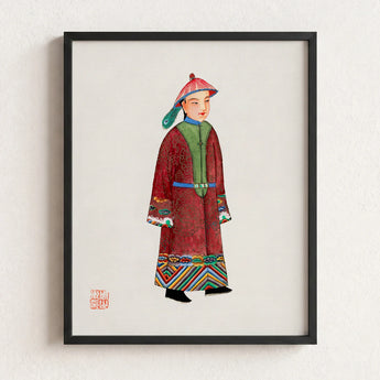 Framed Watercolor Portrait Young Man Traditional Chinese Imperial Qing Dynasty Dandyism, Manchu Fashion Art