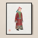 Framed Watercolor Painting Traditional Chinese Figure Ornate Red Qing Dynasty Dandyism, Manchu Fashion Art